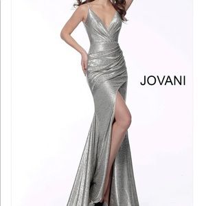 Jovani - 67977 Sleeveless V Neck Front Slit Metallic Evening Gown in copper
